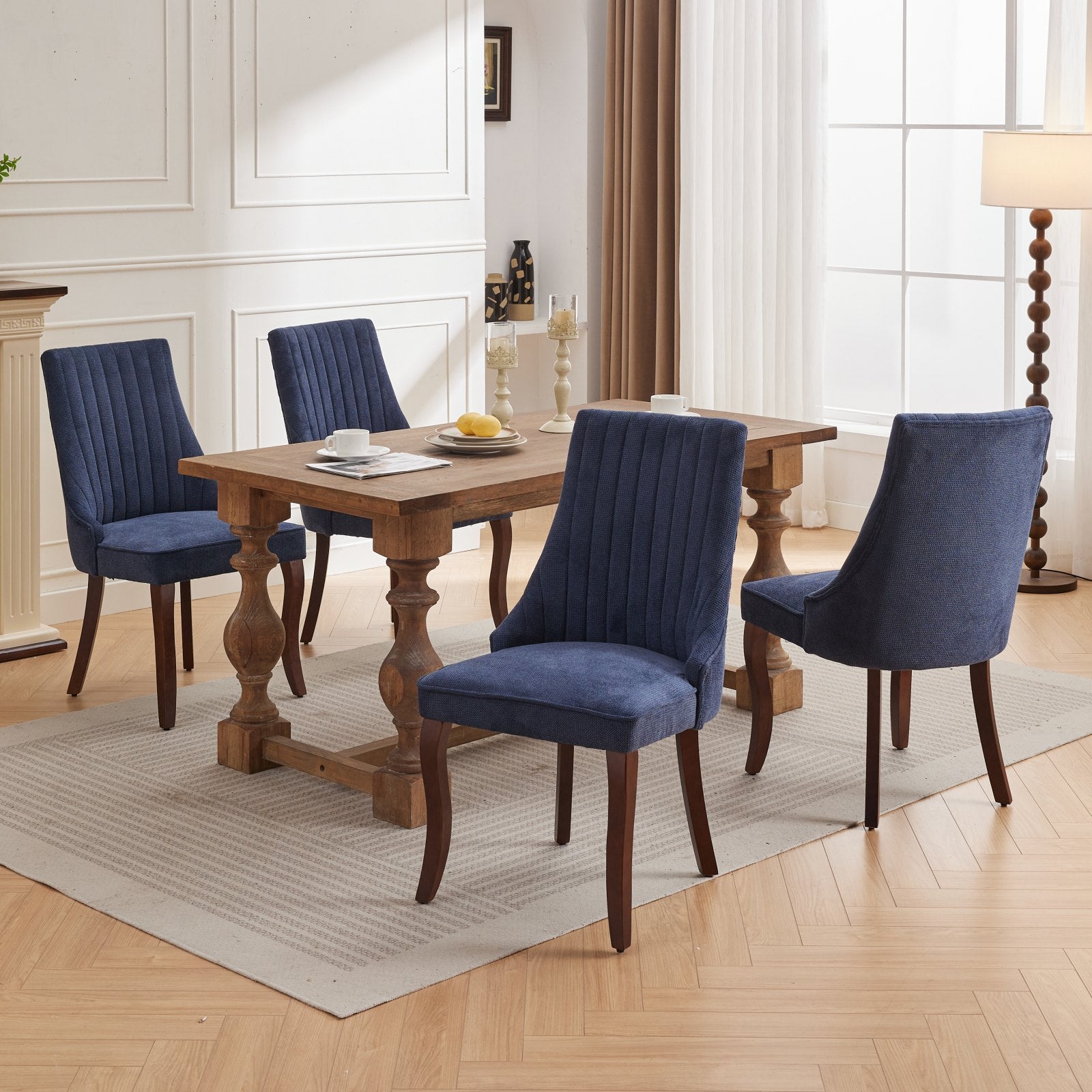 Rayon Cloth Flocking Linen Dining Chairs Channel Kitchen Dinner Chair Comfy Fabric Upholstered Accent Chair For Dining Room With Curved Solid Wood Legs,Set Of 2 Blue , Sw1847Bl Blue Light Brown Dining Room American Design,American Traditional Dining