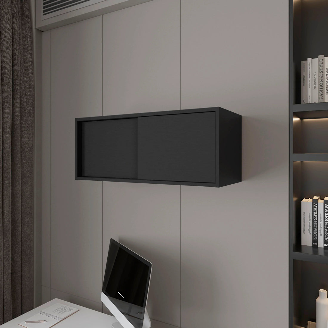 Black Floating Cabinet With Sliding Door Wall Mounted 1 2 Shelves Black Primary Living Space Sliding Doors Modern Particle Board