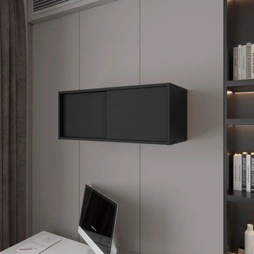 Black Floating Cabinet With Sliding Door Wall Mounted 1 2 Shelves Black Primary Living Space Sliding Doors Modern Particle Board
