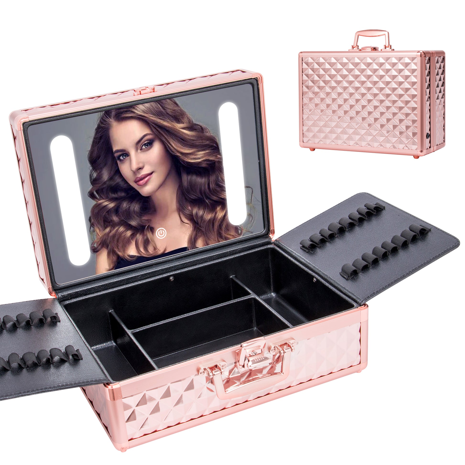 Portable Makeup Case With Led Mirror Travel Makeup Bag Cosmetic Organizer Box With Locks, Brush Holder, Dividers, Rechargeable, Rose Gold Rose Gold Aluminium Alloy