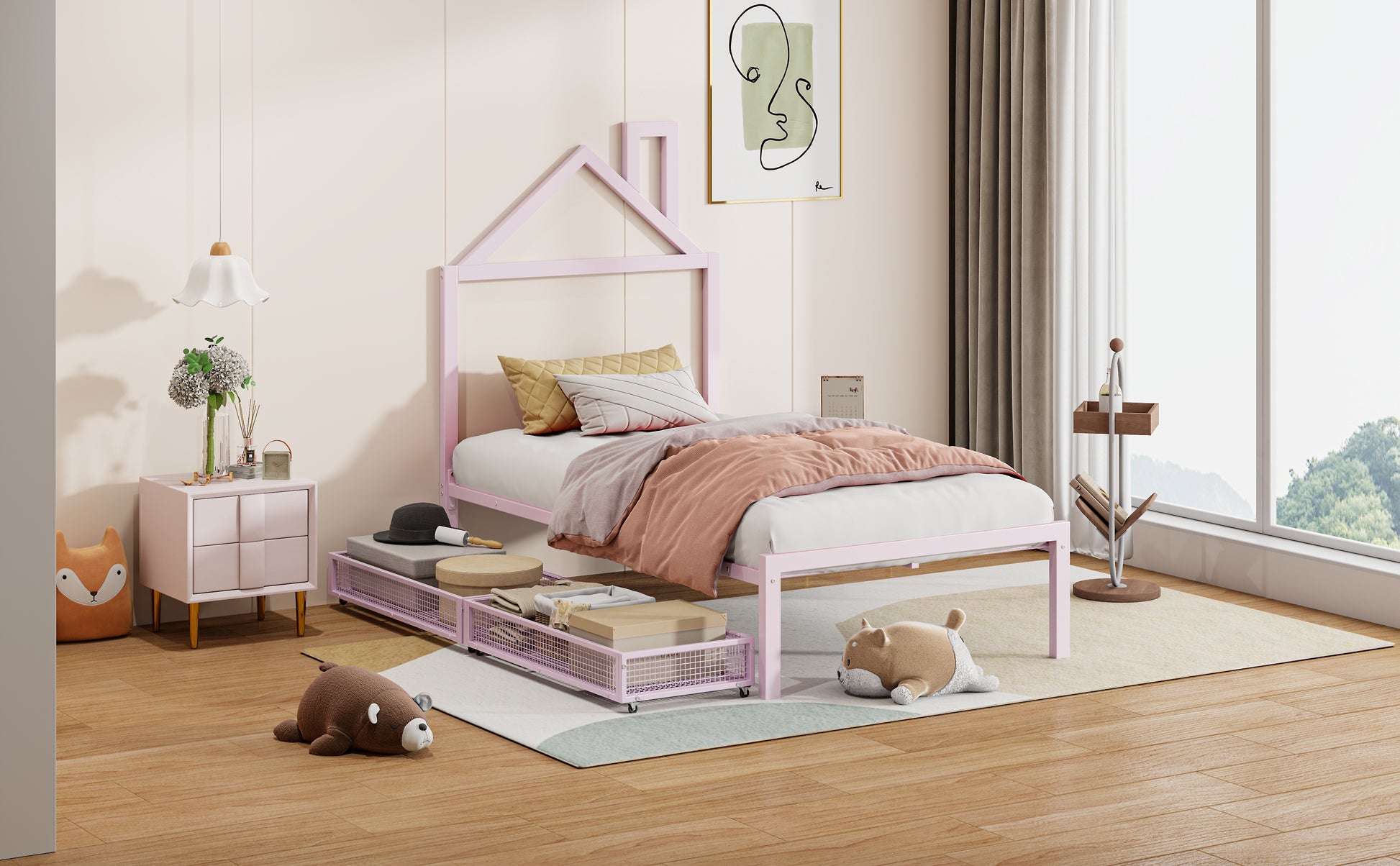 Twin Size Metal Platform Bed With Two Drawers,House Shaped Headboard Design, Pink Twin Pink Metal