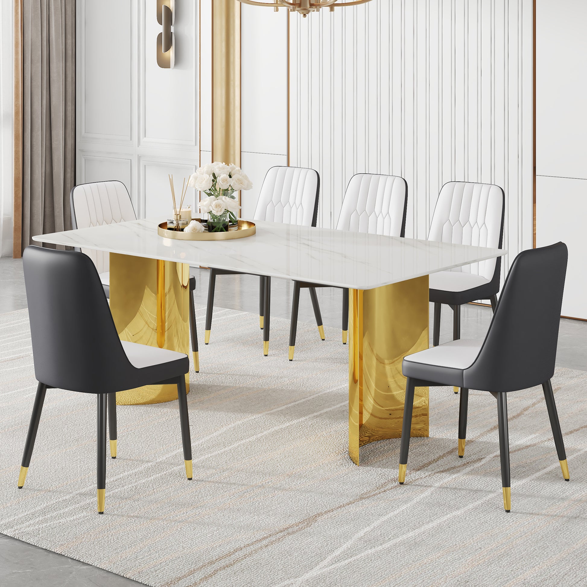 Table And Chair Set.The Table Has A Glass Top With Imitation Marble Pattern Stickers And Stainless Steel Golden Legs. Paried With Chairs With Pu Artificial Leather Backrest Cushions And Black Legs. White Gold Seats 6 Glass Metal