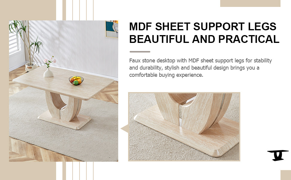 Table And Chair Set.Modern Minimalist Luxury Mdf Rectangular Dining Table With Light Yellow Textured Stickers On The Table, 6 Pu Synthetic Leather High Backrest Soft Cushioned Side Chairs. Light Yellow Seats 6 Mdf