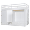 Twin Size Loft Bed With Drawer, Two Wardrobes And Mirror, White White Solid Wood Mdf