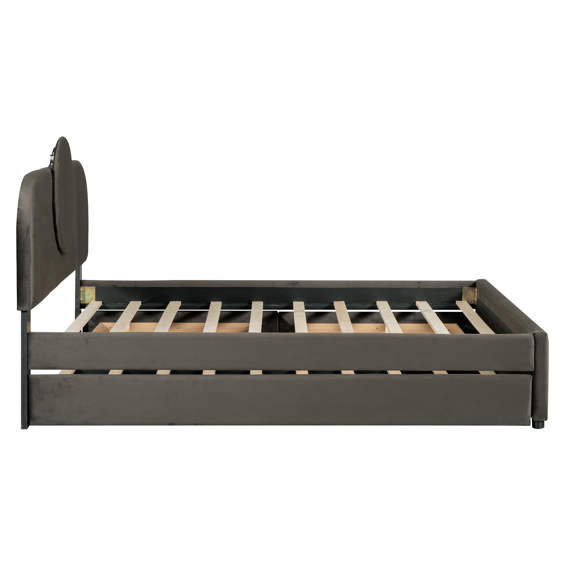 Queen Size Upholstered Platform Bed With Multi Functional Headboard, Trundle And 2 Drawers, Gray Box Spring Not Required Queen Gray Wood Bedroom Upholstered