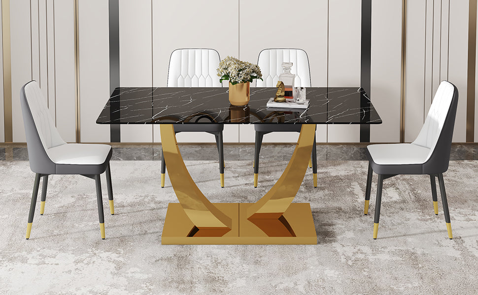 Table And Chair Set.Modern Rectangular Dining Table With Black Textured Stickers Glass Tabletop And Gold Plated Metal Legs.Paried With 4 Comfortable Chairs With Pu Seats And Black Metal Legs. Black Gold,White,White Gray Seats 4 Glass Metal