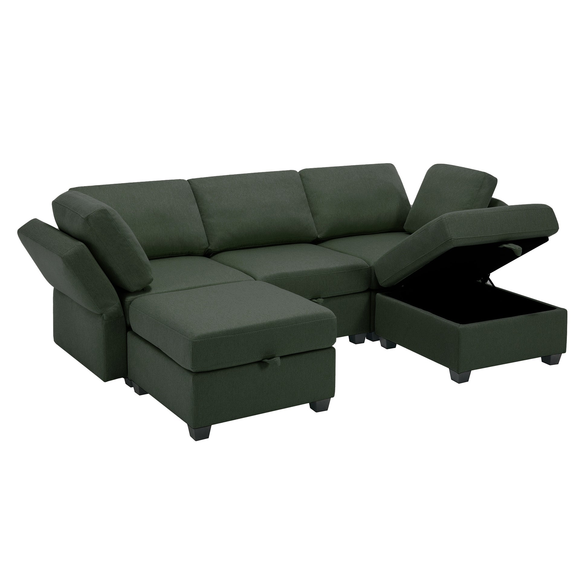 Reversible Sectional Sofa Modern Modular Sectional Couch With Chaise U Shaped Corner Sectional 5 Seater Modular Sofa With Storage Seats, Adjustable Arms And Backs Green Green Polyester 3 Seat
