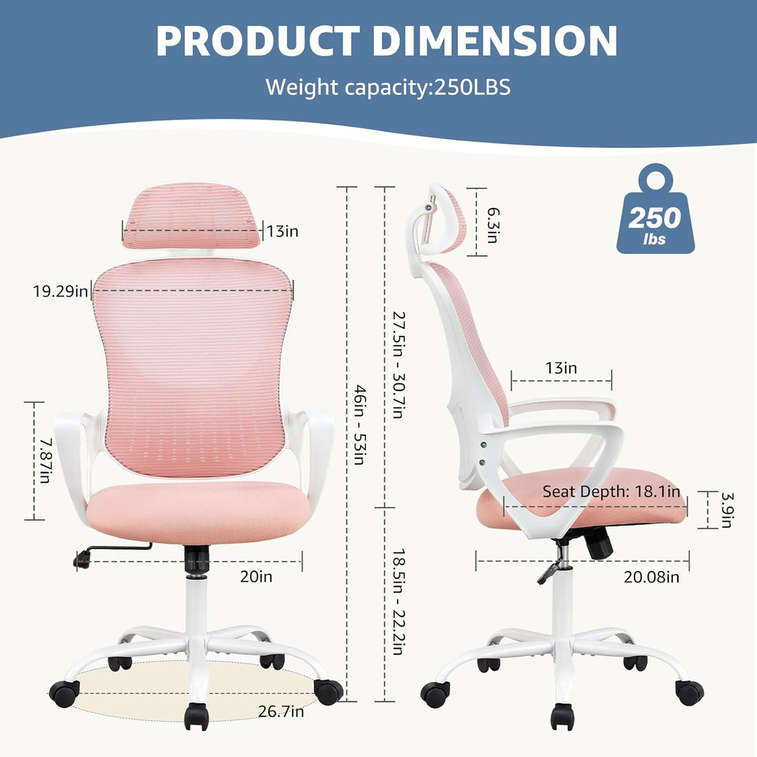 High Back Mesh Rolling Work Task Chairs With Wheels And Adjustable Headrests, Comfy Lumbar Support, Armrest For Bedroom, Gaming, Pink Pink Metal