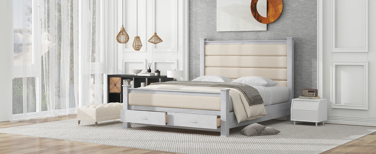 Queen Size Wood Frame Platform Bed With Upholstered Headboard, Footboard And 2 Drawers, Antique White Box Spring Not Required Queen Antique White Wood Bed Frame Solid Wood Mdf