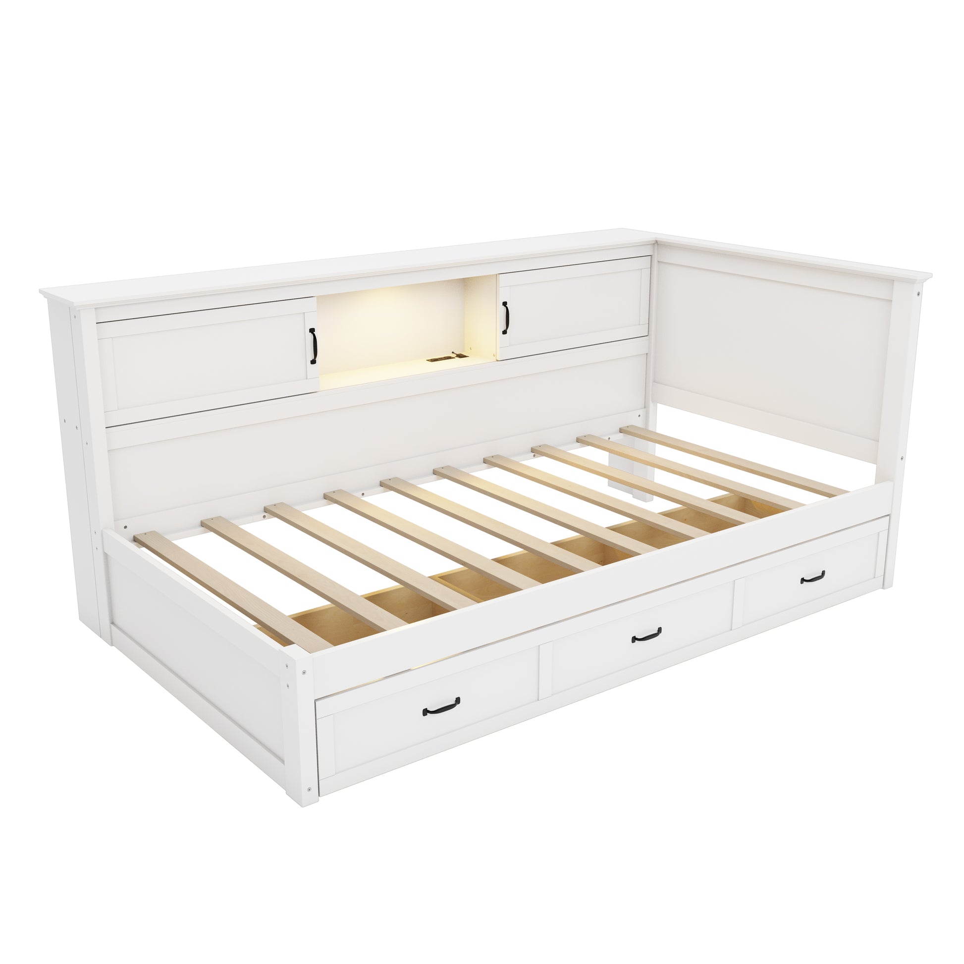 L Shaped Bed Frame With Drawer And And Bookcase,Corner Bed Wooden Captain Bed With Led Downlight And Usb Port For Small Room,Bedroom, Guest Room, Twin Size, White Box Spring Not Required Twin White Wood Bedroom Mid Century Modern,Modern Pine Bed Frame
