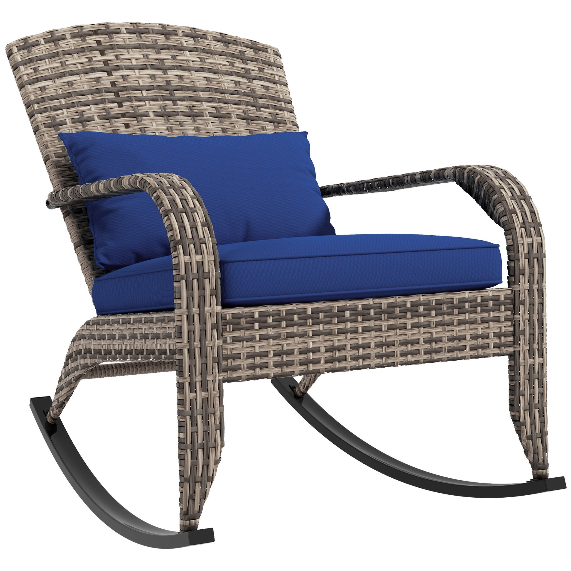 Outsunny Outdoor Wicker Adirondack Rocking Chair, Patio Rattan Rocker Chair With High Back, Seat Cushion, And Pillow For Garden, Porch, Balcony, Dark Blue Blue Rattan
