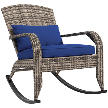 Outsunny Outdoor Wicker Adirondack Rocking Chair, Patio Rattan Rocker Chair With High Back, Seat Cushion, And Pillow For Garden, Porch, Balcony, Dark Blue Blue Rattan