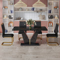Table And Chair Set,Modern Minimalist Rectangular Dining Table, 0.4 Inch Thick, With A Black Imitation Marble Pattern Glass Desktop And Black Mdf Legs. Comfortable Pu Seats,Perfect For Dinner, Meet Black Seats 4 Mdf Glass