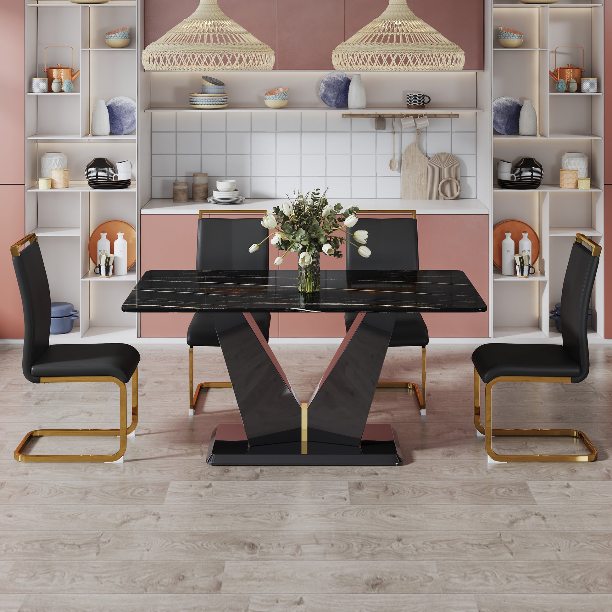 Table And Chair Set,Modern Minimalist Rectangular Dining Table, 0.4 Inch Thick, With A Black Imitation Marble Pattern Glass Desktop And Black Mdf Legs. Comfortable Pu Seats,Perfect For Dinner, Meet Black Seats 4 Mdf Glass