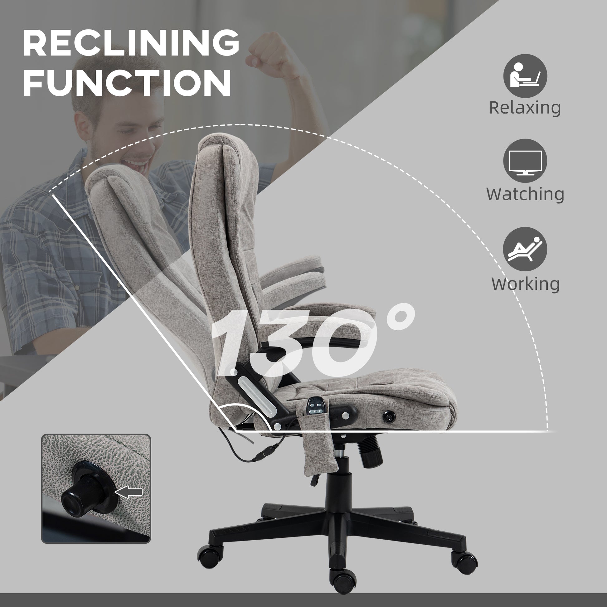 Homcom 6 Point Vibrating Massage Office Chair With Heat, Microfiber High Back Executive Office Chair With Reclining Backrest, Padded Armrests And Remote, Gray Grey Polyester