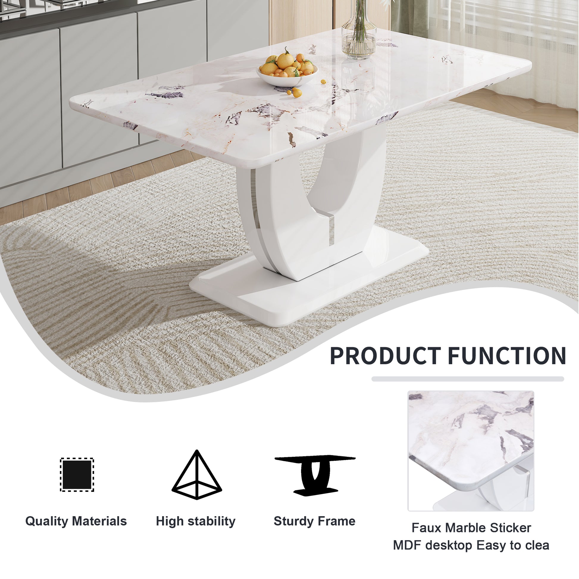 Table And Chair Set, Modern Luxurious White Imitation Marble Pattern Mdf Dining Table,Rectangular Dining Table, Matched With Uniquely Shaped Pu High Backrest Seats,Suitable For Various Occasions. White Black Seats 4 Mdf