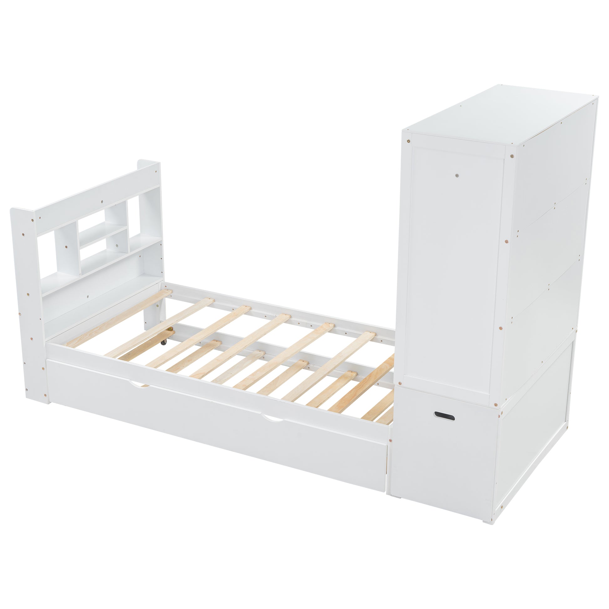 Twin Size Platform Bed With Storage Headboard And Footboard, Pull Out Shelves And Twin Size Trundle, White Box Spring Not Required Twin White Wood Bedroom Bed Frame Solid Wood Mdf