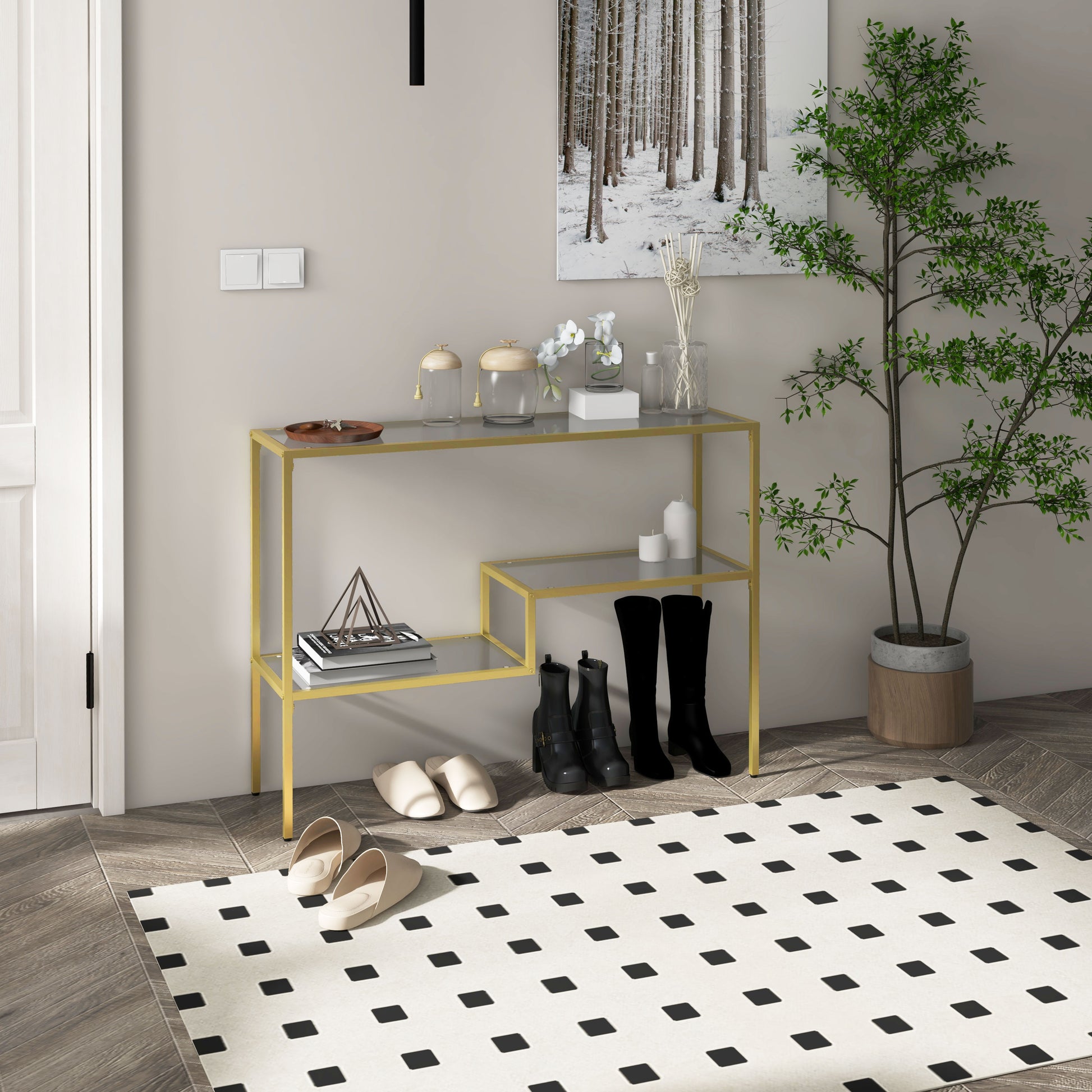 Homcom Gold Console Table, 39" Tempered Glass Behind Sofa Table, Narrow Entryway Table With Storage Shelves, Steel Frame For Living Room Furniture, Hallway Furniture, Glass Table Gold Glass Metal