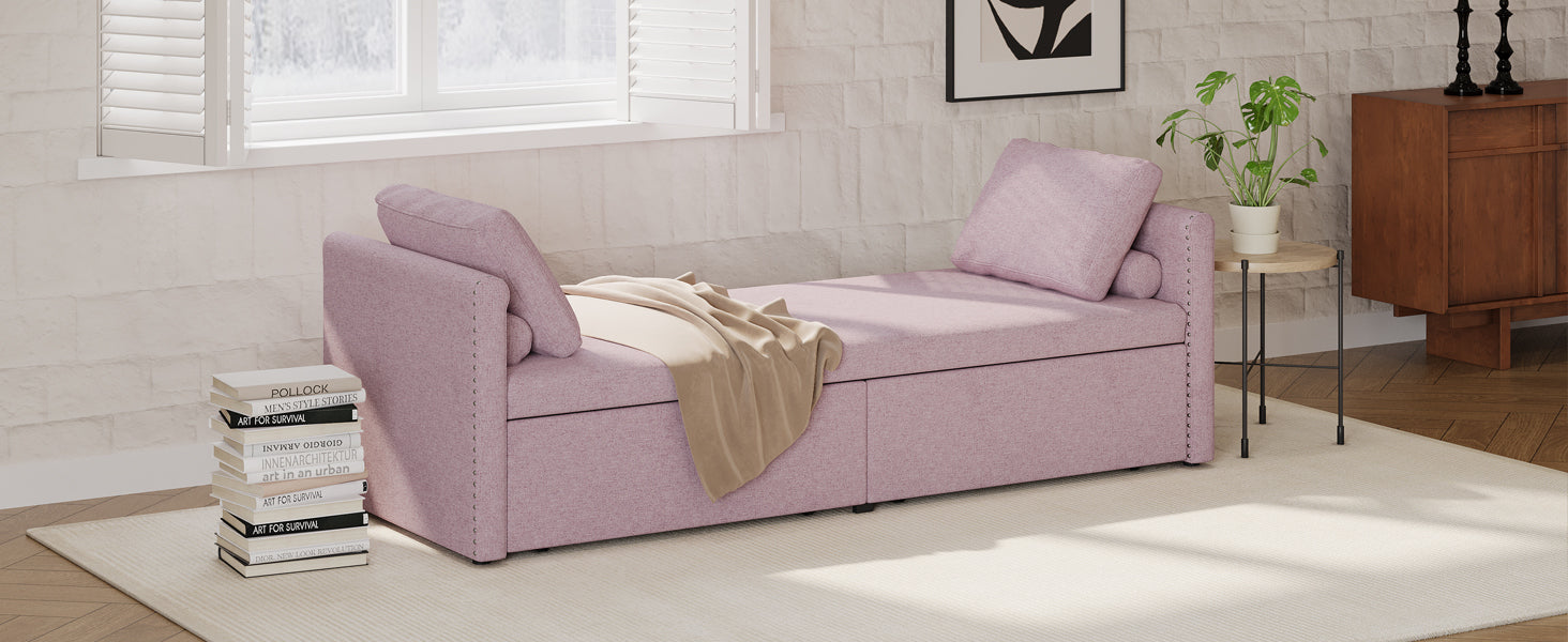 Modern Upholstered Chaise Lounger Daybed Small Single Daybed With 2 Drawers, No Mattress Needed, Perfect For Living Rooms & Home Office, Linen Fabric, Pink Pink Linen