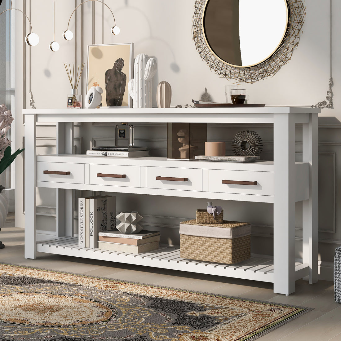 62.2'' Modern Console Table Sofa Table For Living Room With 4 Drawers And 2 Shelves White Solid Wood Mdf