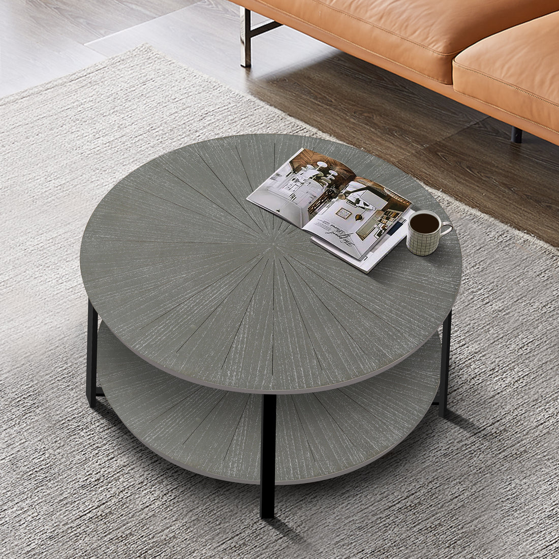 31.5"D X 31.5''W X 18.3''H Round Coffee Table With 2 Tier Storage, Farmhouse Living Room Cocktail Table With Black Metal Leg,Patchwork Desktop Effect Easy Assembly Antique Gray Antique Gray Primary Living Space American Design Floor Mount Round Open