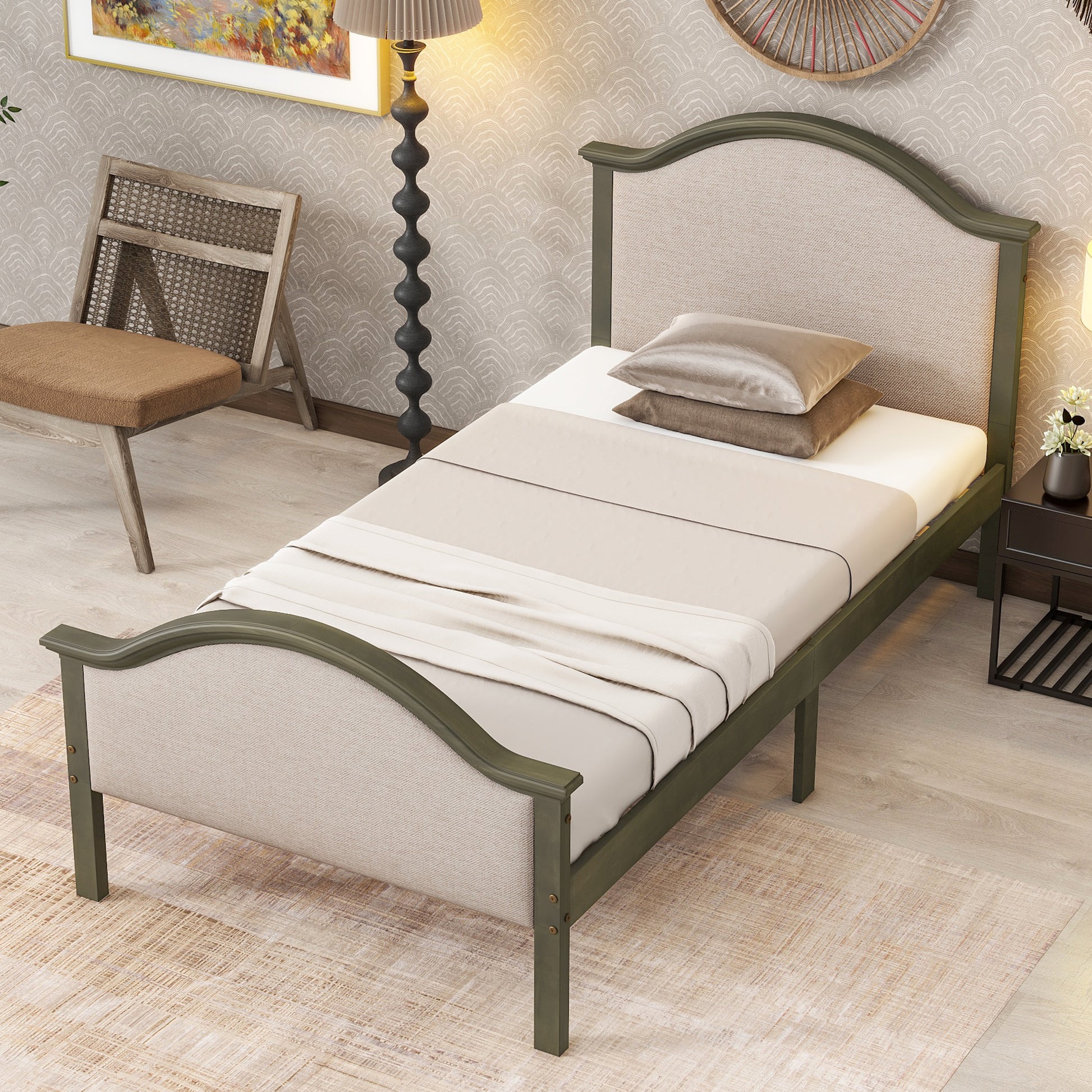 Twin Bed With Upholstered Headboard And Footboard, With Slats,Grey Twin Grey Bedroom American Design Pine