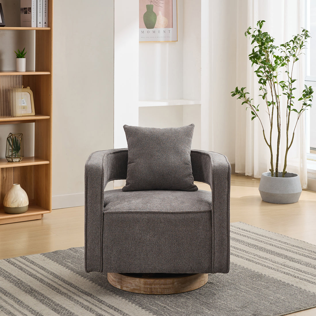 29.1"W Swivel Accent Open Back Chair Modern Comfy Sofa Chair With Weathered Base For Nursery Bedroom Living Room Hotel Office, Club Chair Leisure Arm Chair For Lounge Charcoal,Linen Blend Charcoal Linen Blend