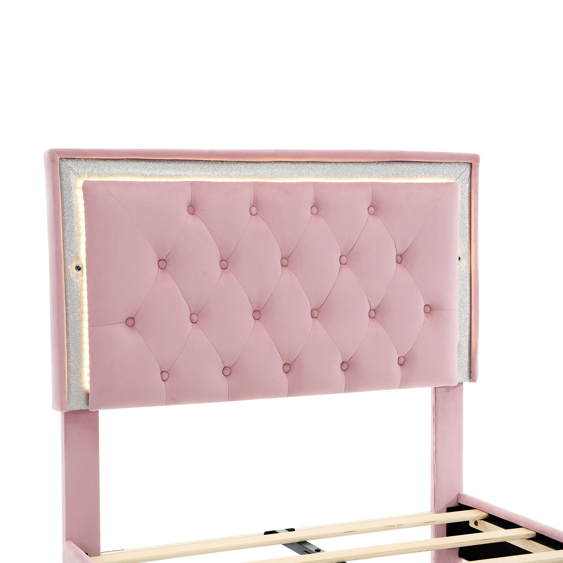 Twin Size Upholstered Bed Frame With Led Lights,Modern Velvet Platform Bed With Tufted Headboard,Pink Twin Pink Velvet