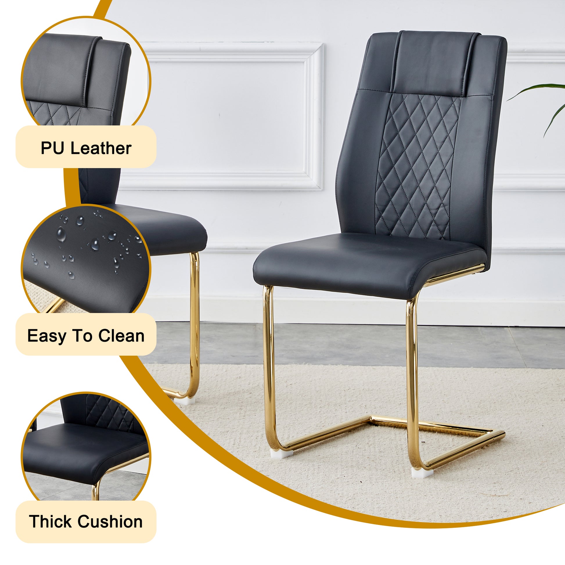 Table And Chair Set.Modern Rectangular Dining Table With Transparent Tempered Glass Tabletop And Gold Plated Metal Legs.Paried With 6 Comfortable Chairs With Pu Seats And Golden Metal Legs. Black Gold,Transparent Seats 6 Glass Metal