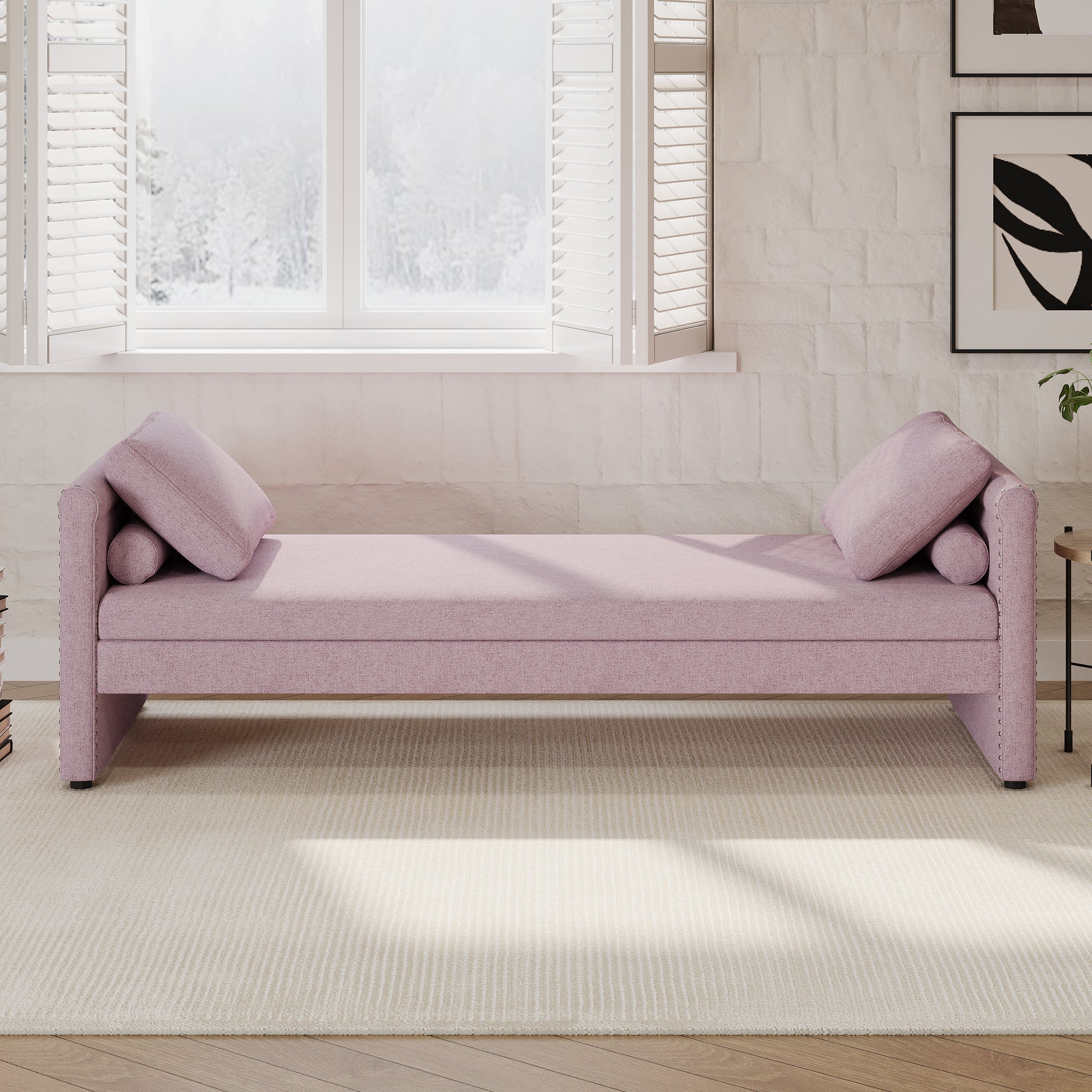 Modern Upholstered Chaise Lounger Daybed With Pillows Small Single Daybed, No Mattress Needed, Perfect For Living Rooms & Home Office,Linen Fabric, Pink Pink Linen