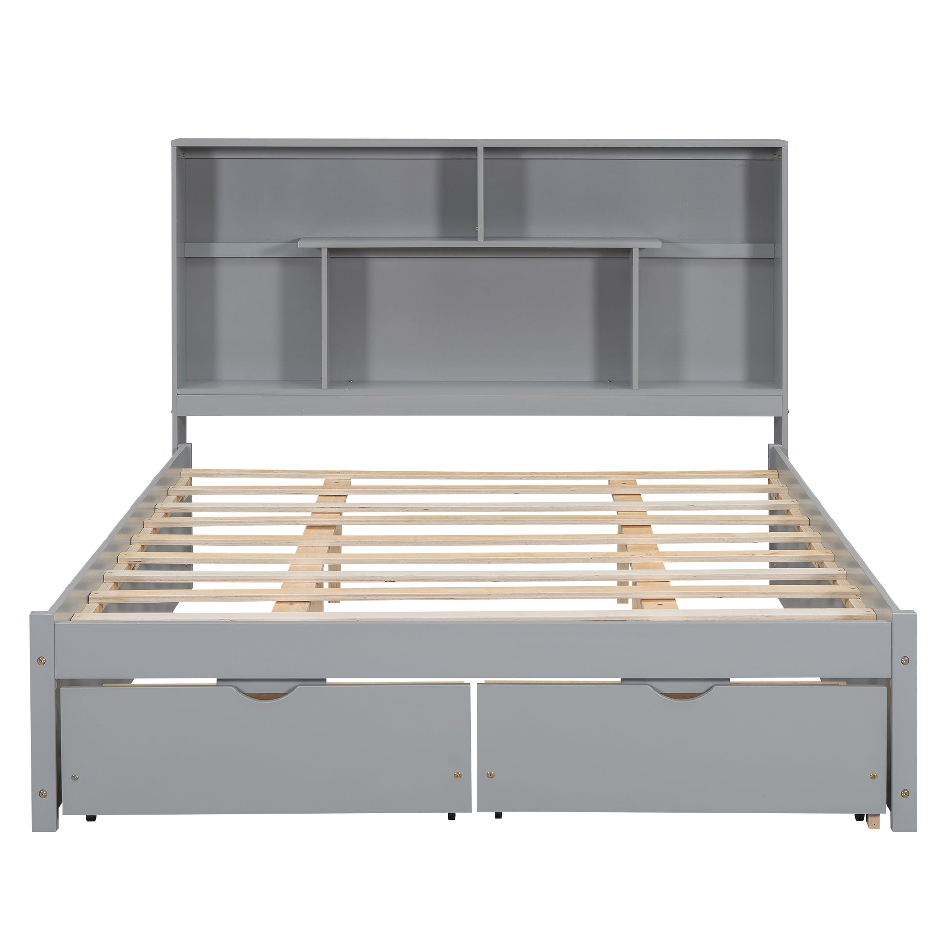 Queen Size Platform Bed With Storage Headboard And 2 Drawers, Gray Box Spring Not Required Queen Gray Wood Bedroom Bed Frame Solid Wood Mdf