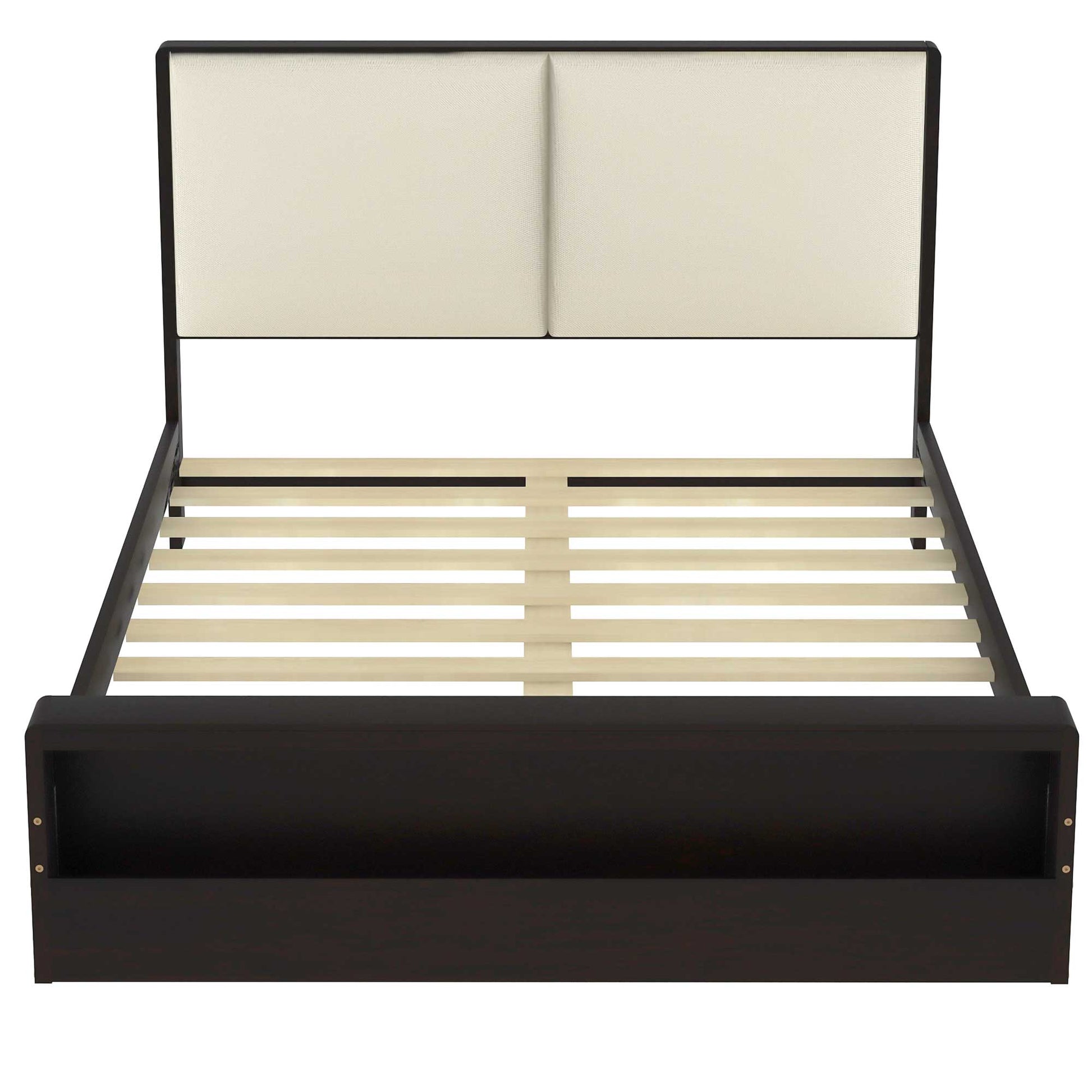 Queen Size Platform Bed Frame With Upholstery Headboard And Bookshelf In Footboard And Led Light Strips, Espresso Queen Espresso Solid Wood Mdf