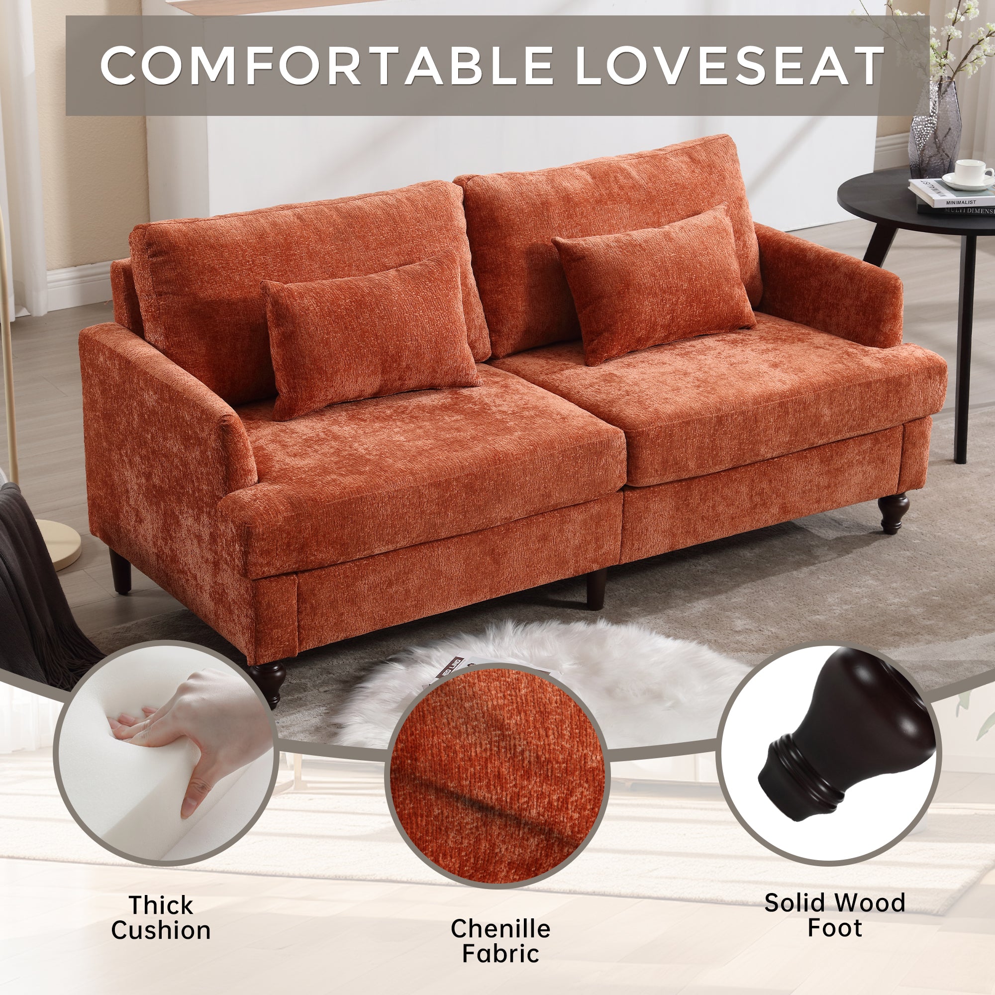 Coolmore Mid Century Modern Chenille Fabric Loveseat Sofa, 2 Seat Upholstered Loveseat Sofa Modern Couch For Living Room,Brown Wood Feet Sofa For Bedroom, Reading Orange Chenille Dark Orange Chenille 2 Seat