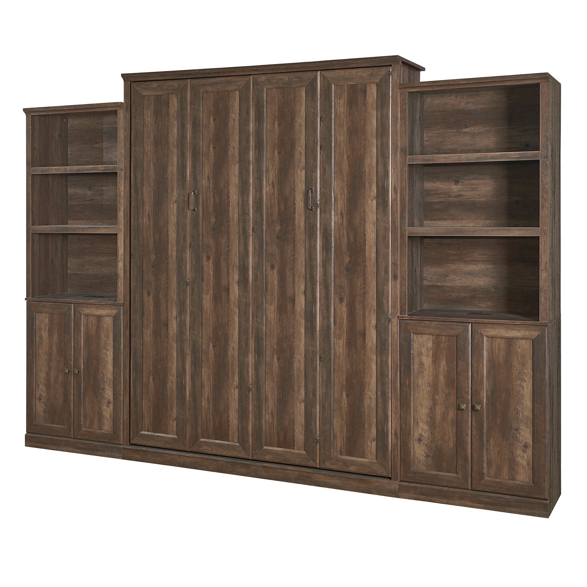 Queen Size Half Self Close And Open Murphy Bed With 2 Side Cabinet Storage Shelf, Cabinet Space Saving Bed Perfect For Guest Room, Bed Room, Guest Room, Home Office, Brown Box Spring Not Required Queen Brown Wood Brown Pine Murphy Solid Wood Mdf