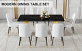 Table And Chair Set.The Table Has A Glass Top With Imitation Marble Pattern Stickers And Stainless Steel Golden Legs. Paried With Chairs With Pu Artificial Leather Backrest Cushions And Black Legs. Black Gold Seats 8 Glass Metal
