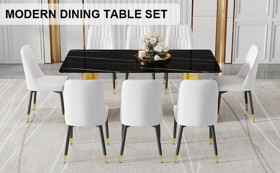 Table And Chair Set.The Table Has A Glass Top With Imitation Marble Pattern Stickers And Stainless Steel Golden Legs. Paried With Chairs With Pu Artificial Leather Backrest Cushions And Black Legs. Black Gold Seats 8 Glass Metal