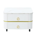 2 In 1 Square Nesting Coffee Table With Wheels & Drawers, Stackable Side Table With High Gloss Marble Grain Top, End Table Set With Brown Tempered Glass For Living Room, White White Gold Primary Living Space Drawers Square Mdf Steel