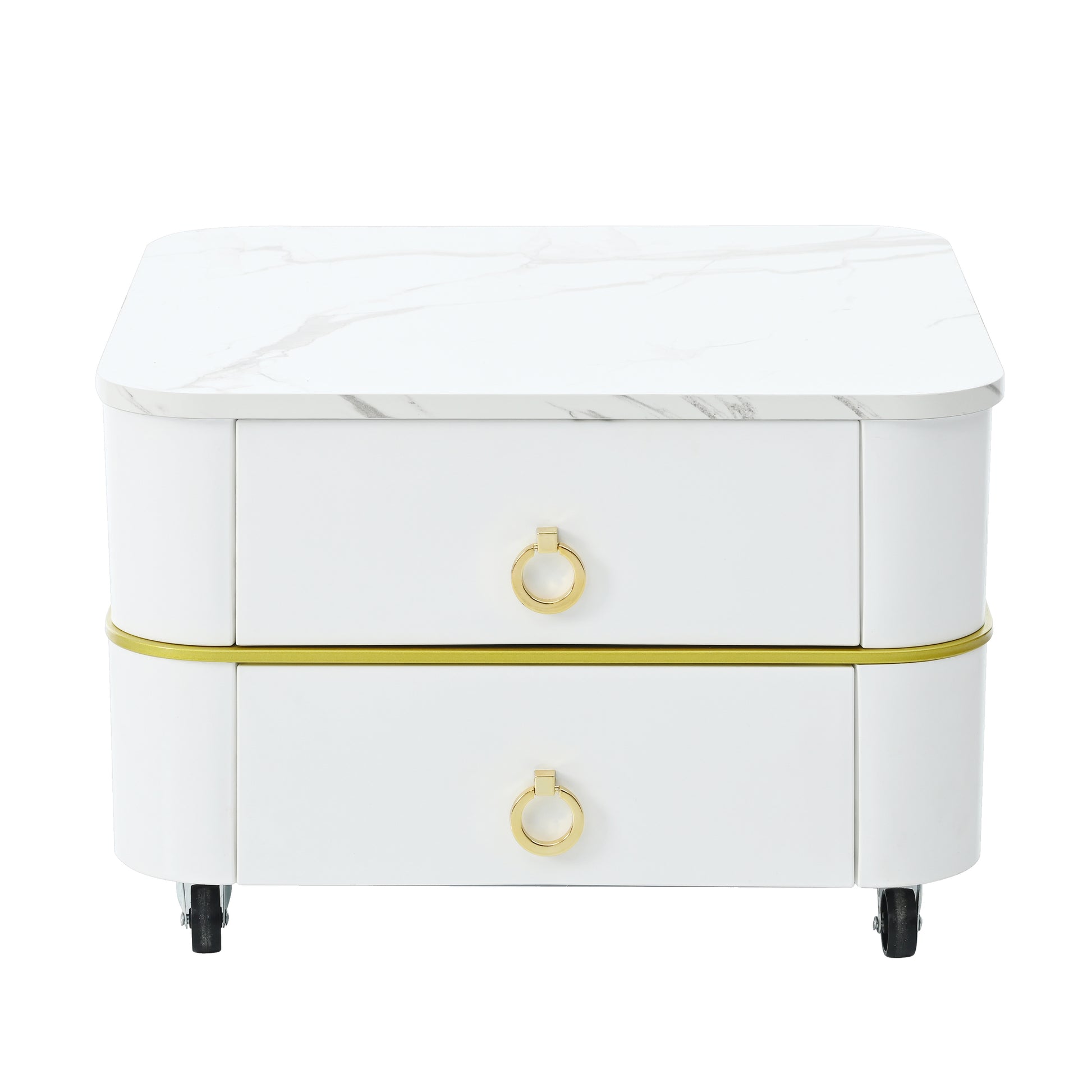 2 In 1 Square Nesting Coffee Table With Wheels & Drawers, Stackable Side Table With High Gloss Marble Grain Top, End Table Set With Brown Tempered Glass For Living Room, White White Gold Primary Living Space Drawers Square Mdf Steel