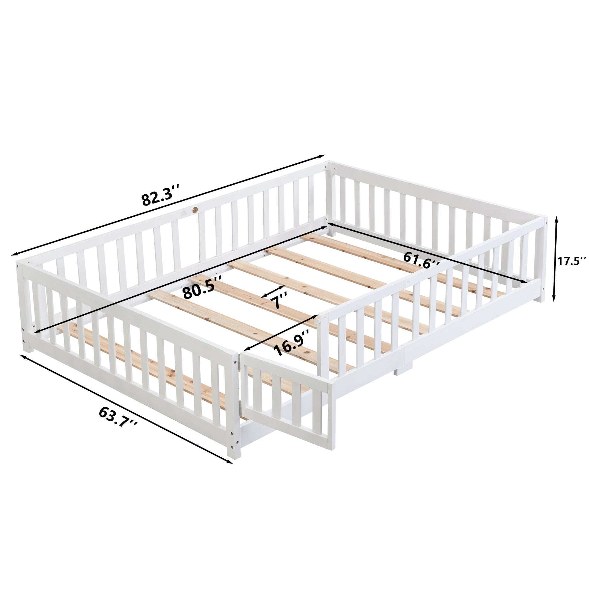 Queen Size Floor Bed With Door,Solid Wood Platform Bed Frame With Fence,Suitable For Children,Pine Wood,White Queen White Wood