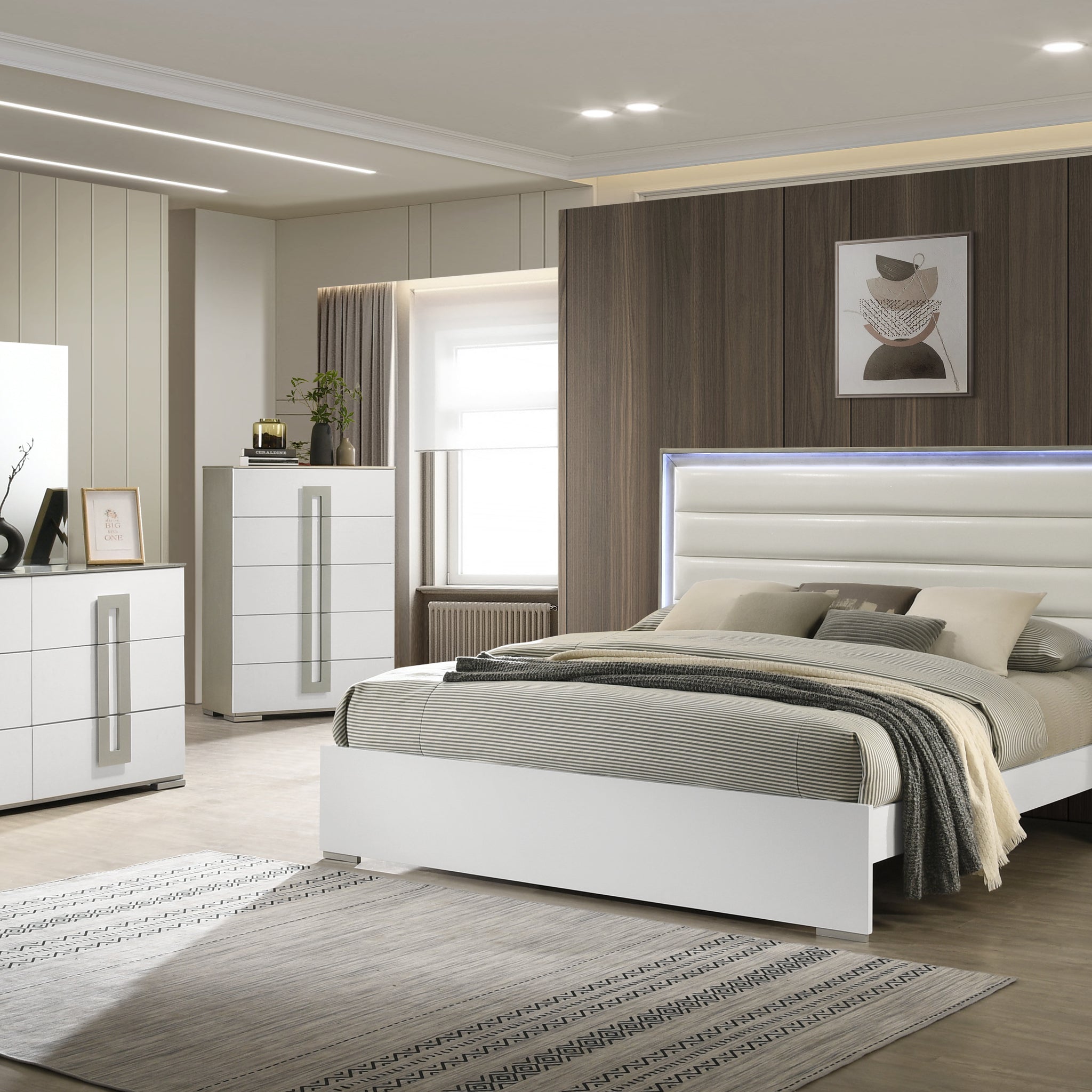 Olivia Contemporary Style 5 Pc Queen Bedroom Set With Led Headboard Made With Wood In White Box Spring Required Queen White Wood 5 Piece Set Bedroom Bed Included,Chest Included,Dresser