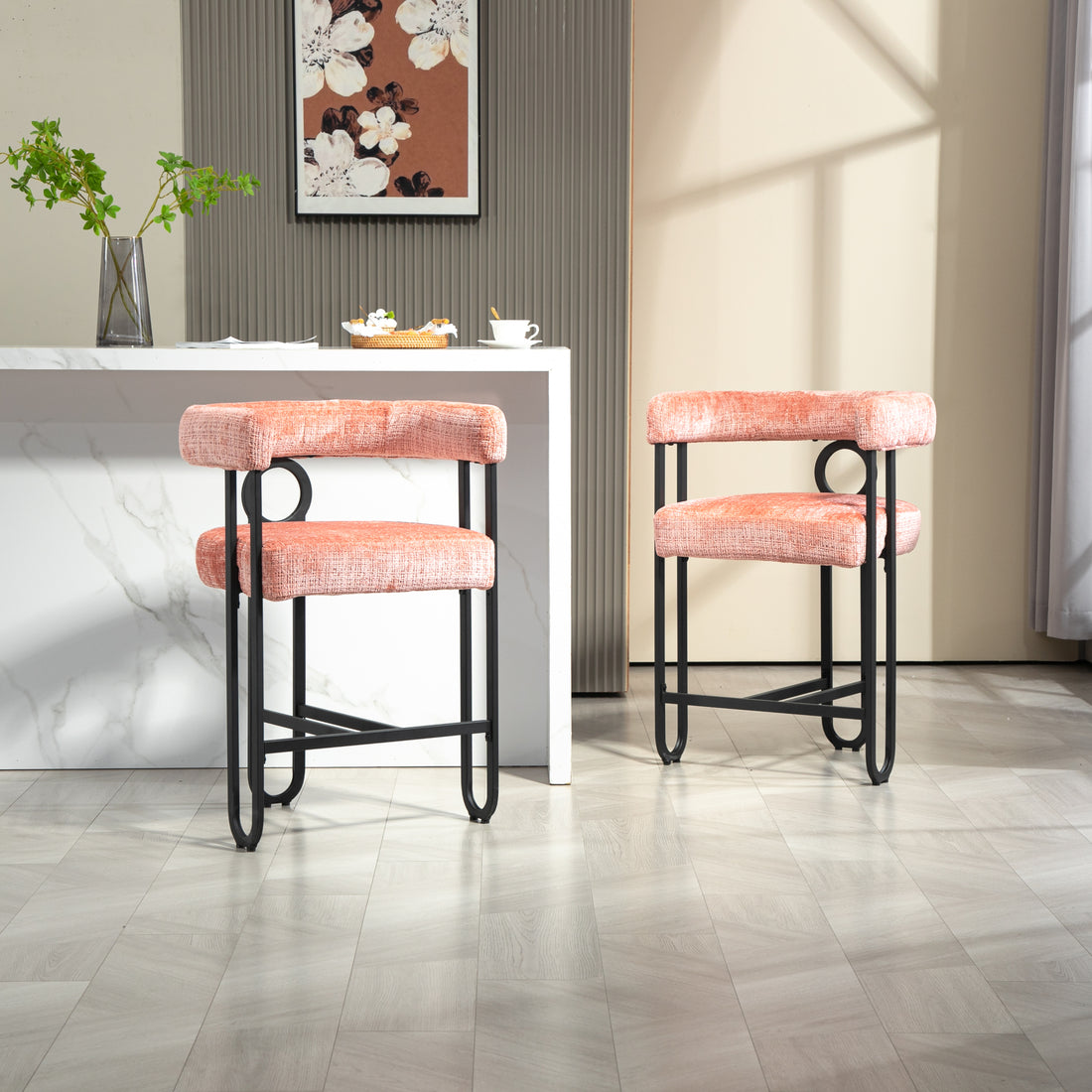 Coolmore Bar Stools Set Of 2, Modern Bar Stool With Back, Black Metal Frames, Upholstered Bar Stools For Kitchen Island, Pub, Club Pink Chenille Pink Dining Room Foam Chenille