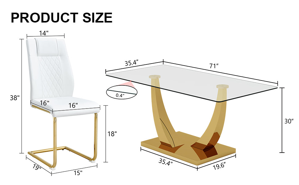 Table And Chair Set.Modern Rectangular Dining Table With Transparent Tempered Glass Tabletop And Gold Plated Metal Legs.Paried With 6 Comfortable Chairs With Pu Seats And Golden Metal Legs. Transparent,White Gold Seats 6 Glass Metal