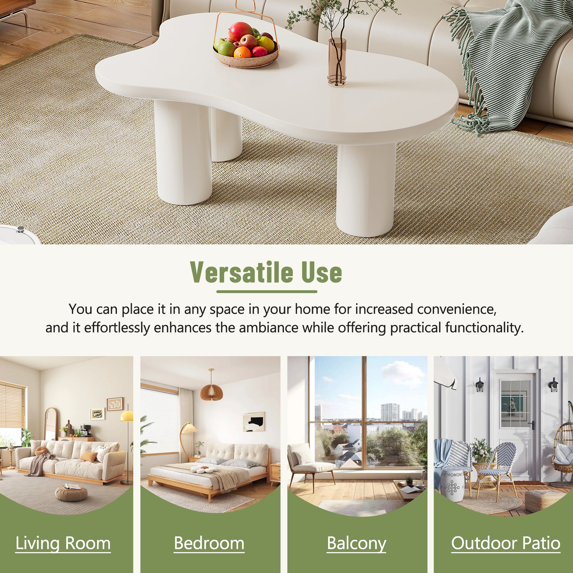 44'' X 25.9'' Easy Assembly Cloud Coffee Table With 1.5'' Thick Tabletop, Cream Style Irregular End Table With 3 Sturdy Legs, Sleek Center Table With Round Edge For Living Room, White White Mdf