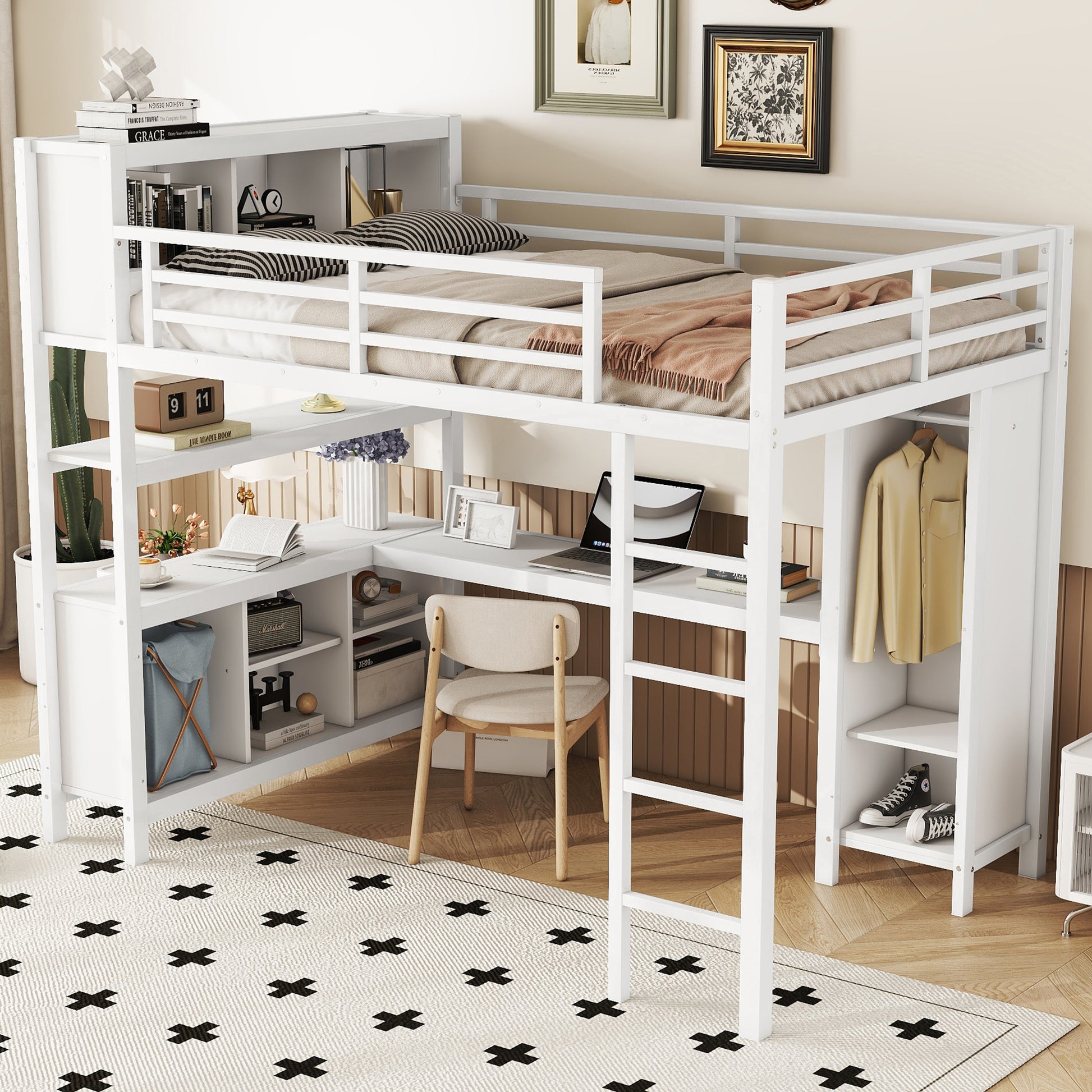 Metal Loft Bed With Wardrobe And L Shaped Desk, Full Size Loft Bed With Storage Cubes And Shelves, Heavy Duty Loft Bed For Kids Teens Adults, White Full Off White Metal