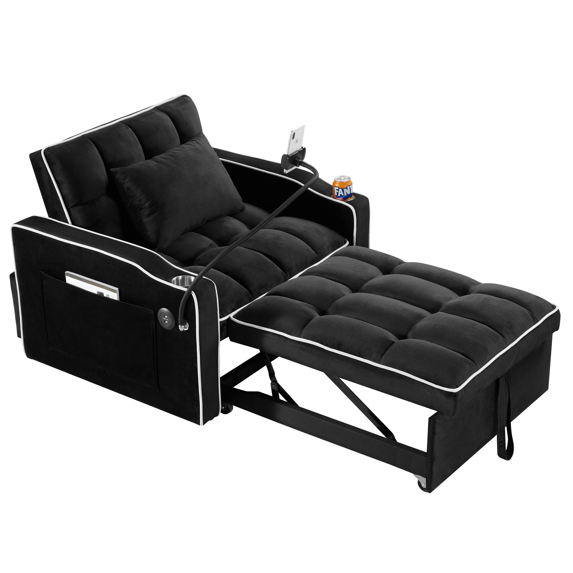 Convertible Sleeper Chair Sofa Bed Adjustable Pull Out Sleeper Chair Bed Multi Pockets Folding Sofa Bed For Living Room Bedroom Small Space,3 In 1 Sofa Bed, Black Black Velvet 1 Seat