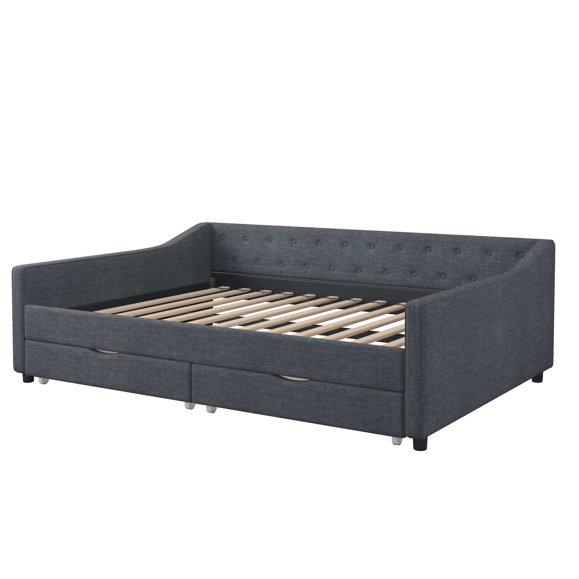 Full Size Daybed With Drawers Upholstered Tufted Sofa Bed, With Button On Back And Piping On Waved Shape Arms Dark Grey Full Dark Grey Wood Fabric