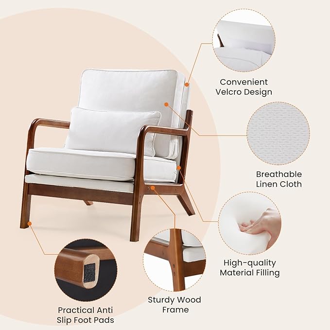 Accent Chair Mid Century Modern Chair With Pillow, Upholstered Lounge Arm Chairs, Linen Fabric Comfy Reading Chair With Wood Frame, Side Chair For Living Room, Beige Beige Linen