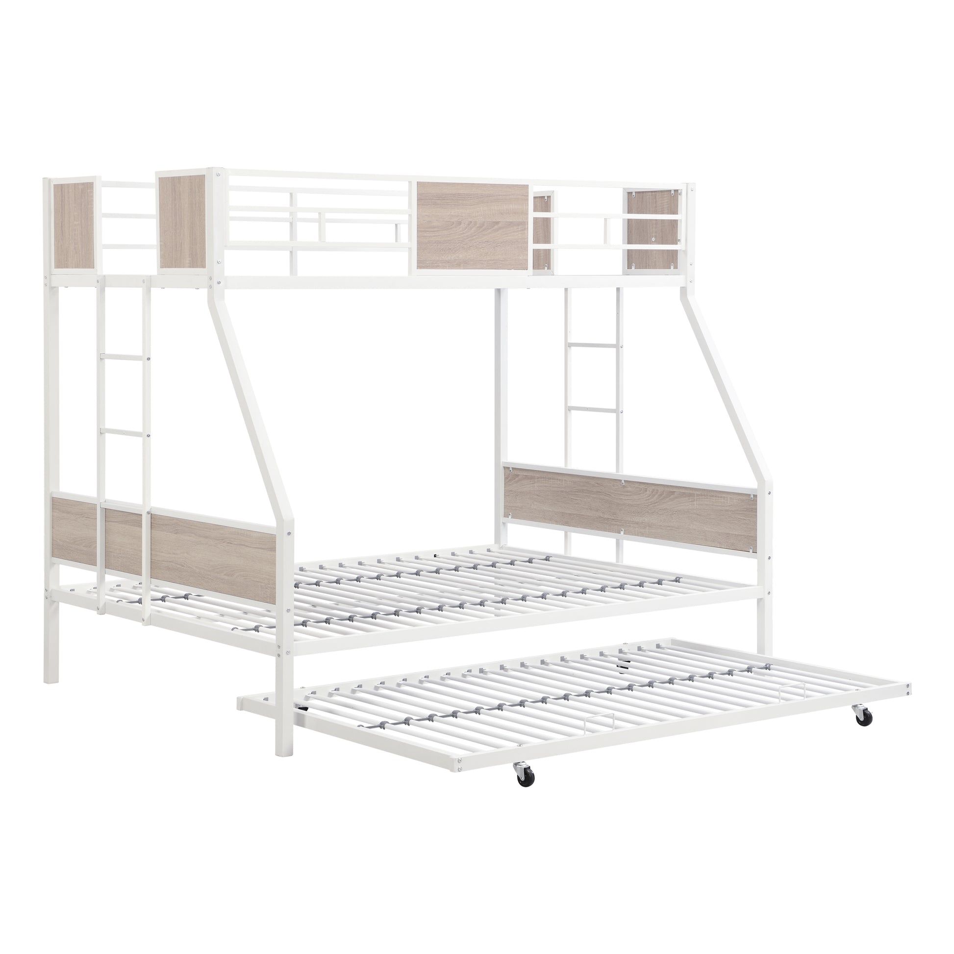 Twin Over Full Metal Bunk Bed With Trundle 2 Side Ladder And Full Length Guardrail, No Box Spring Needed, Large Under Bed Storage, Easy Assemble Full Brown White Mdf Metal
