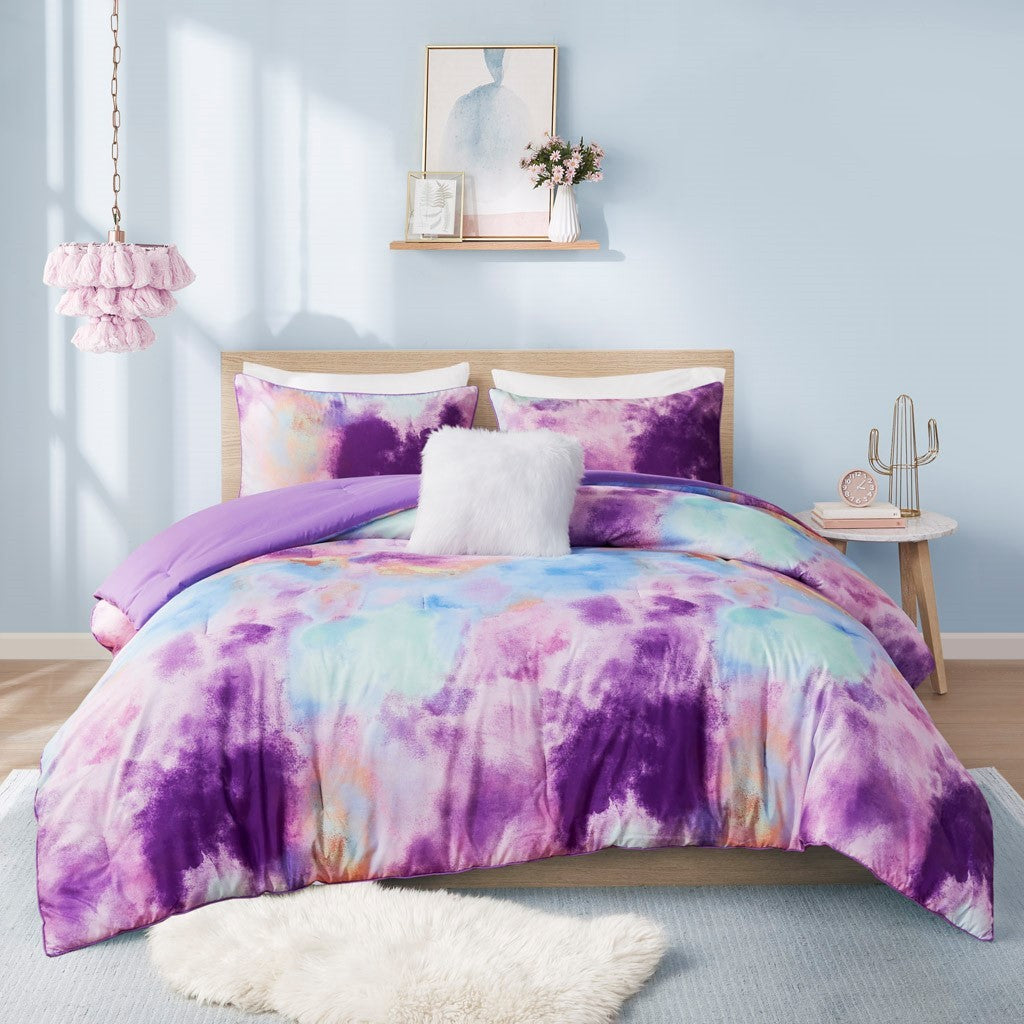 Watercolor Tie Dye Printed Comforter Set With Throw Pillow King Multicolor Polyester
