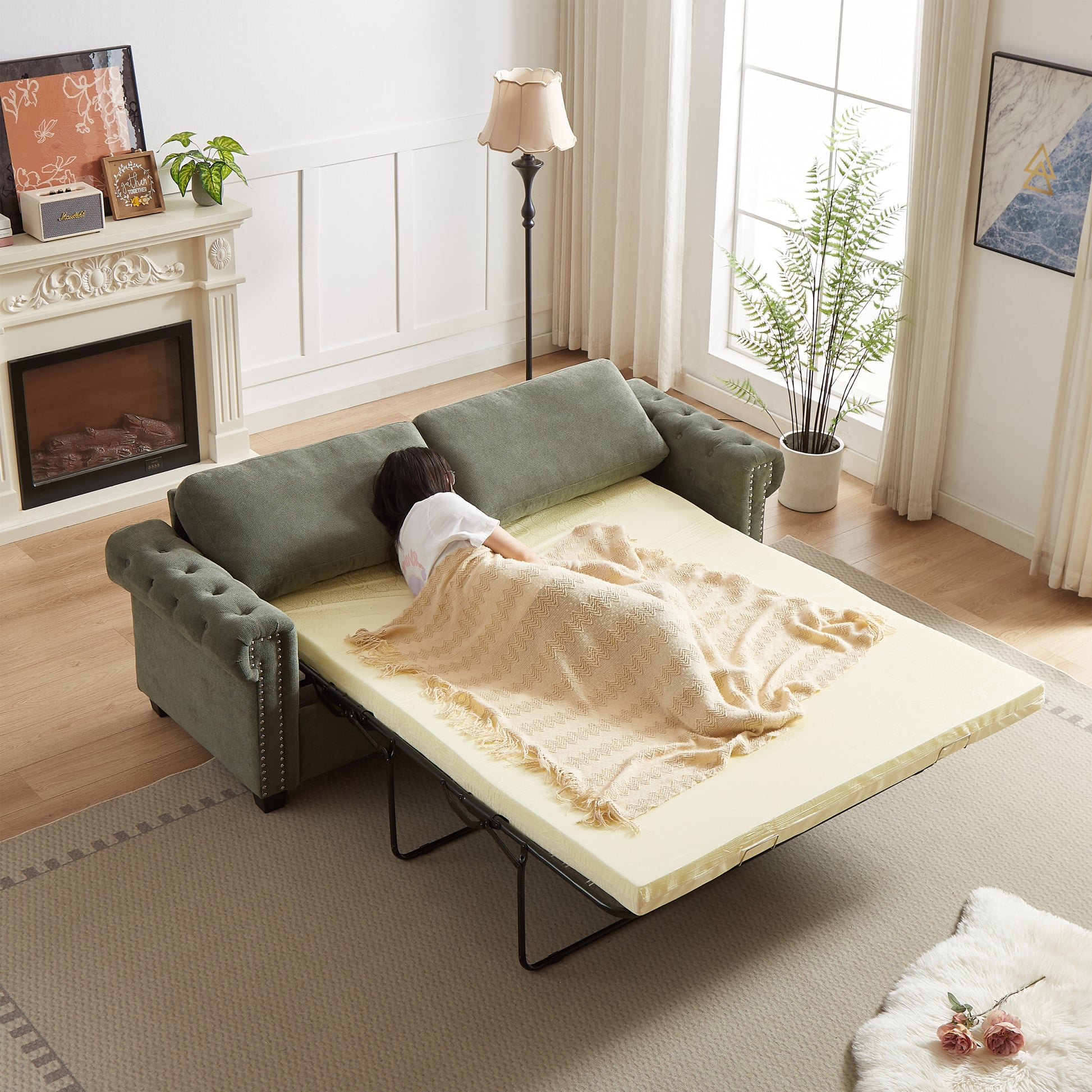 Fx 83.8" Convertible Sleeper Sofa Bed, 2 In 1 Pullout Sofa Bed, Polyester Sleeper Sofa Bed With Folding Mattress, Living Room Pullout Sofa Bed, Apartment Small Space Sofa Sleeper Green Polyester Pine Foam Fabric 3 Seat